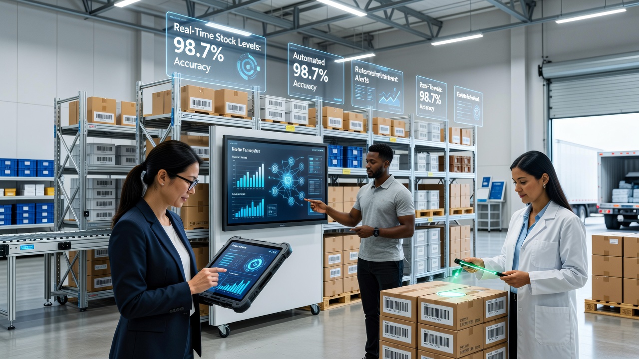 Pharmaceutical distribution center staff reviewing analytics dashboards connected to IoT sensors and blockchain verification tools
